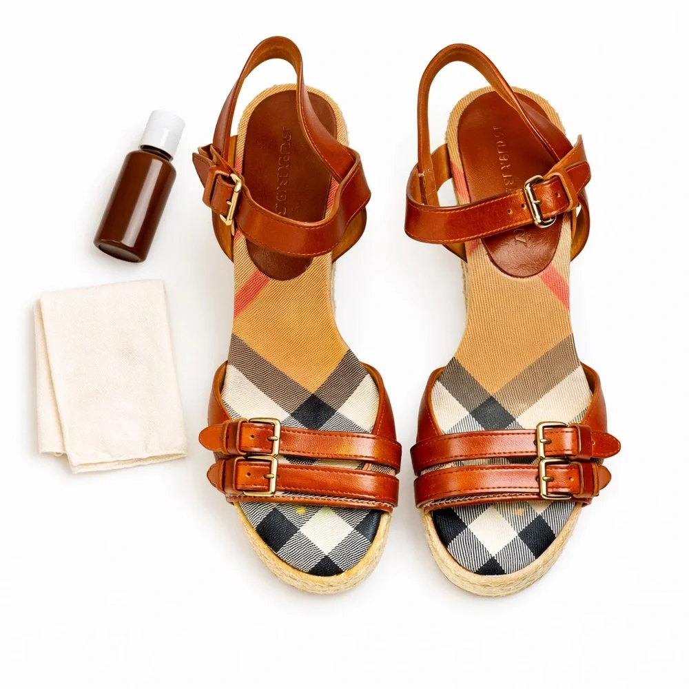 Burberry Tan Leather Check Canvas Espadrille Wedge Sandals Italy Size 35 in GUC